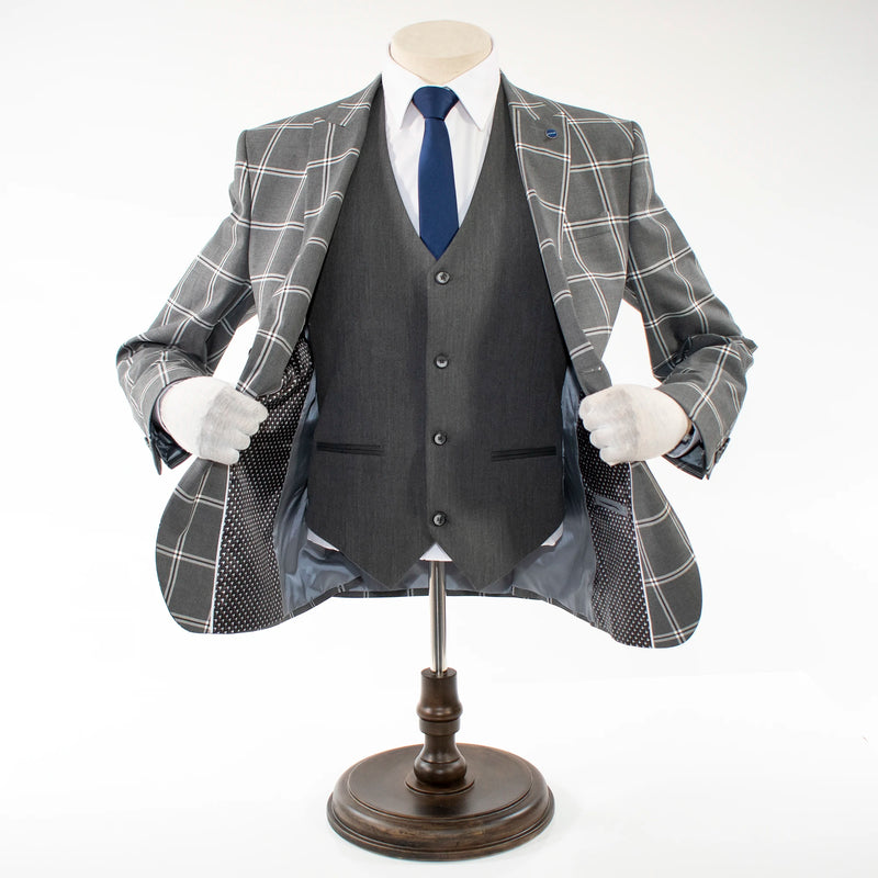 Men's Charcoal Gray Plaid 3-Piece Suit With Peak Lapels