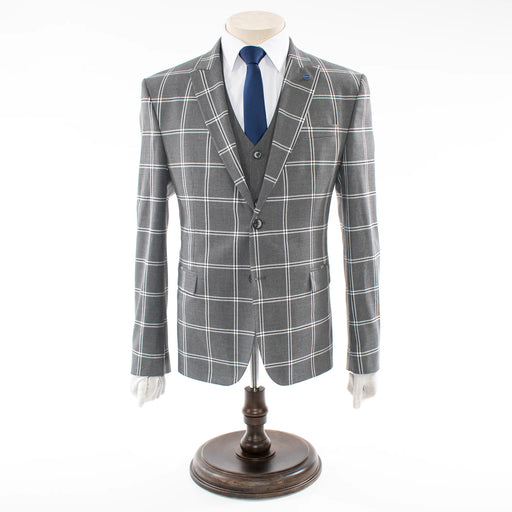 Men's Charcoal Gray Plaid 3-Piece Suit With Peak Lapels
