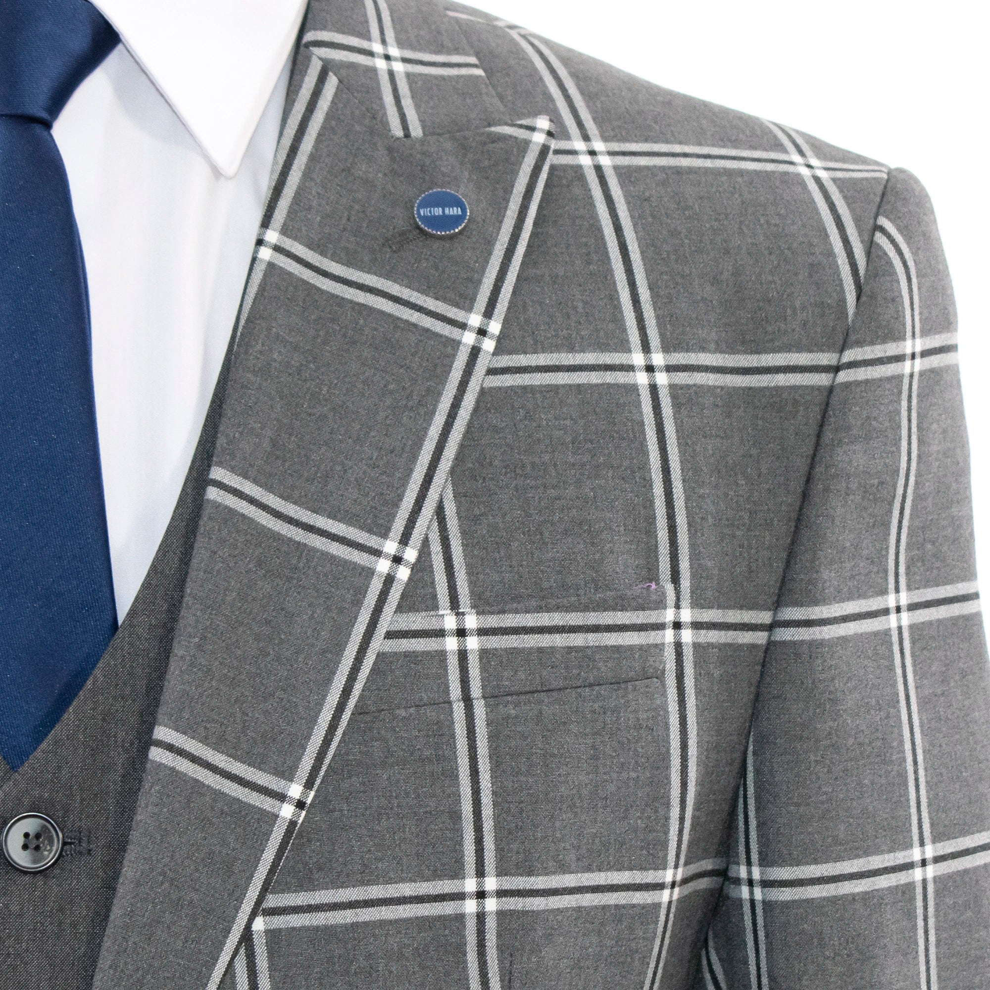 Men's Charcoal Gray Plaid 3-Piece Suit With Peak Lapels