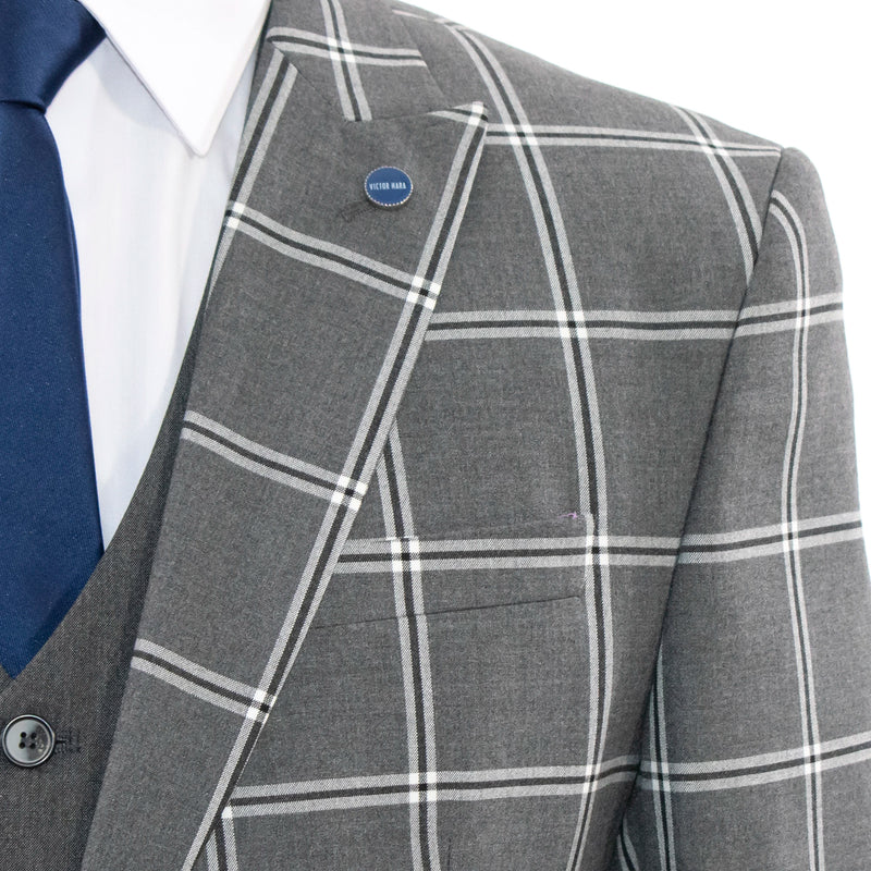 Men's Charcoal Gray Plaid 3-Piece Suit With Peak Lapels