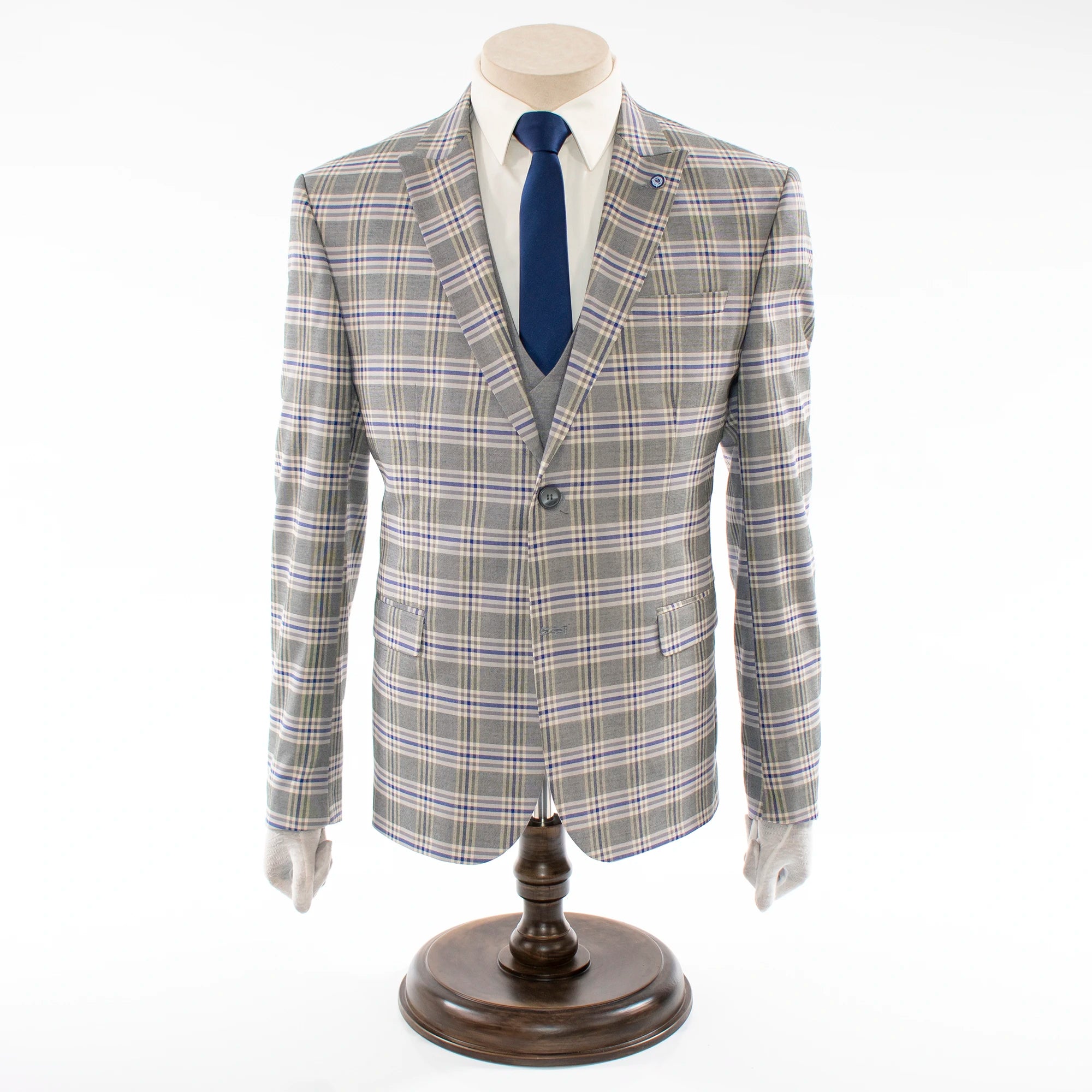 Gray Plaid 3-Piece Tailored-Fit Suit With Peak Lapels