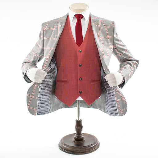 Men's Gray And Red Plaid 3-Piece Tailored-Fit Suit With Peak Lapels