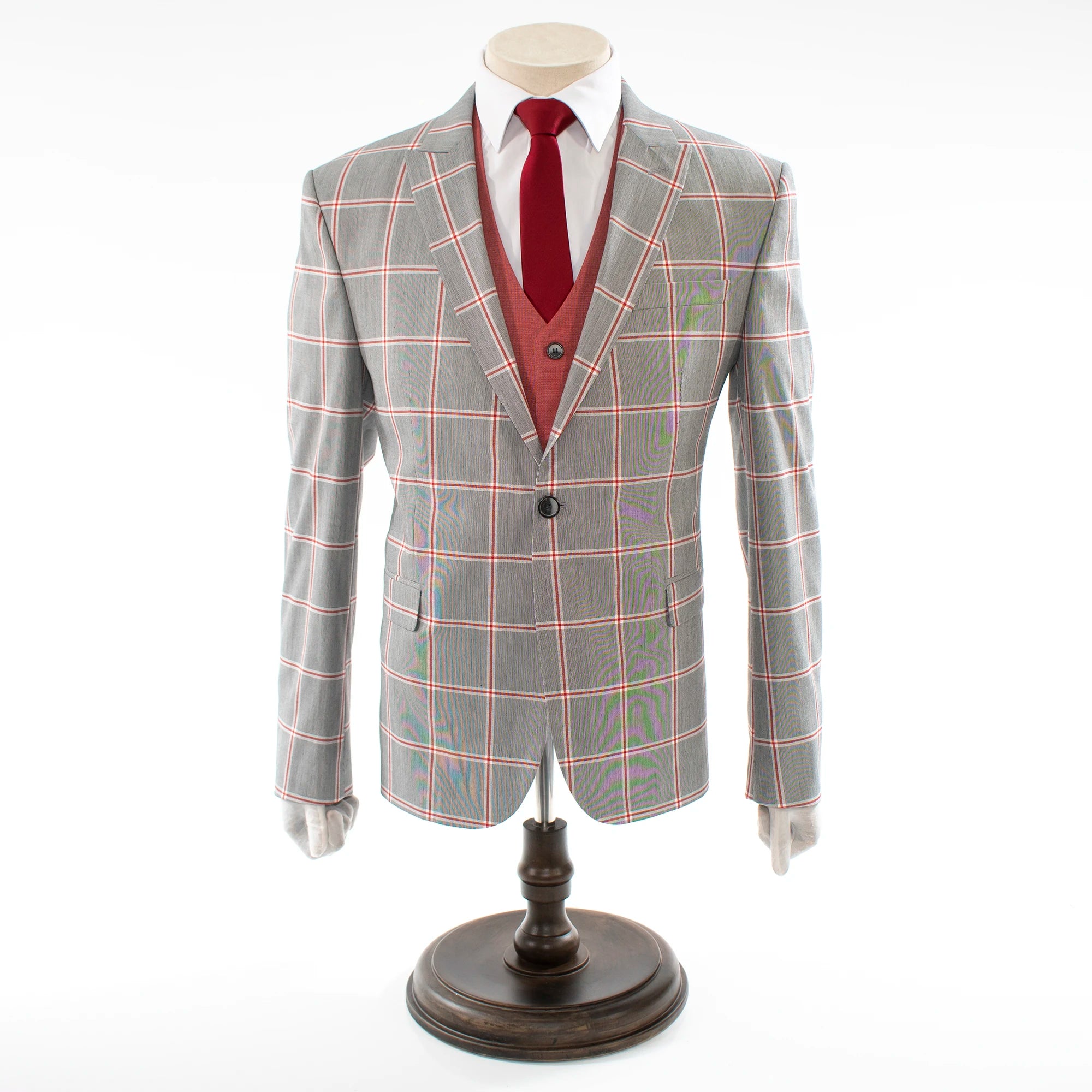 Men's Gray And Red Plaid 3-Piece Tailored-Fit Suit With Peak Lapels