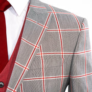 Men's Gray And Red Plaid 3-Piece Tailored-Fit Suit With Peak Lapels