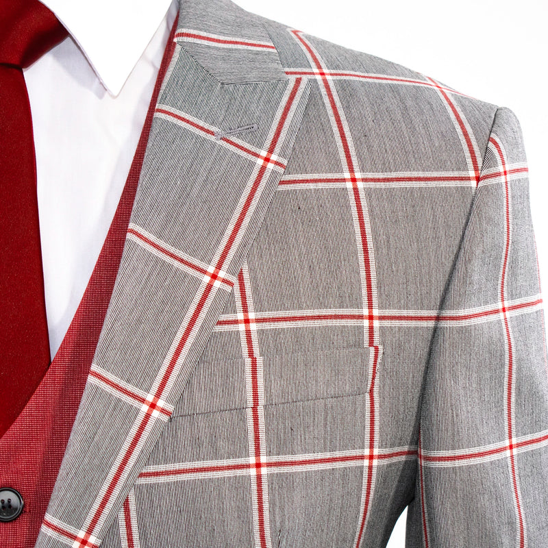 Men's Gray And Red Plaid 3-Piece Tailored-Fit Suit With Peak Lapels