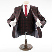 Men's Black And Burgundy Plaid 3-Piece Wool Suit With Peak Lapels