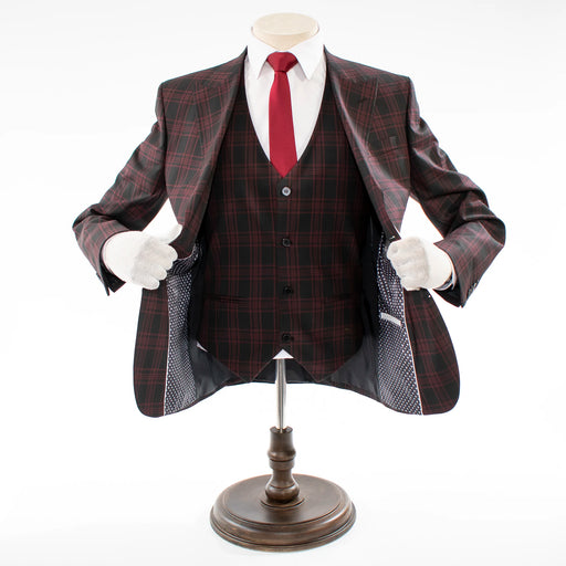 Men's Black And Burgundy Plaid 3-Piece Wool Suit With Peak Lapels