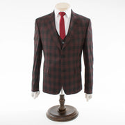 Men's Black And Burgundy Plaid 3-Piece Wool Suit With Peak Lapels