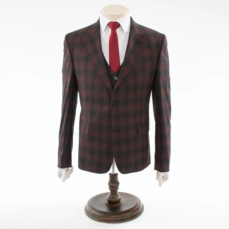 Men's Black And Burgundy Plaid 3-Piece Wool Suit With Peak Lapels