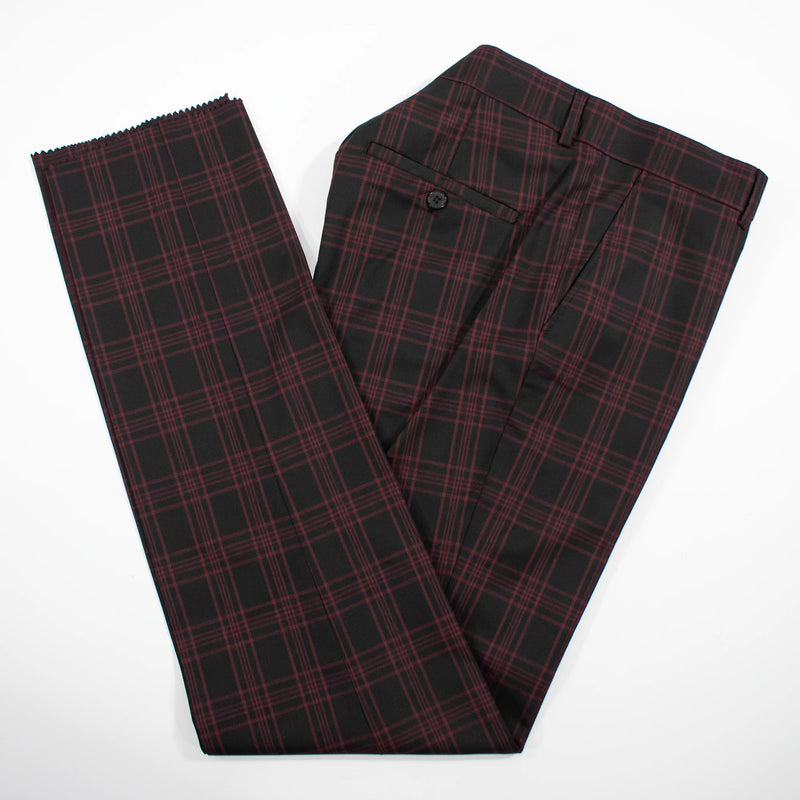 Men's Black And Burgundy Plaid 3-Piece Wool Suit With Peak Lapels