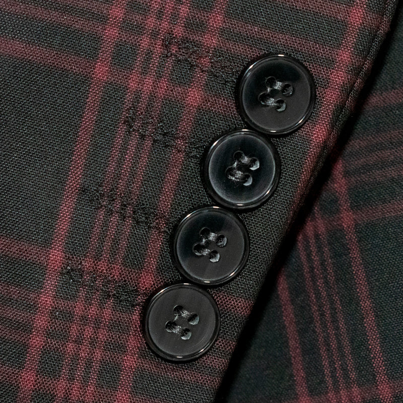 Men's Black And Burgundy Plaid 3-Piece Wool Suit With Peak Lapels