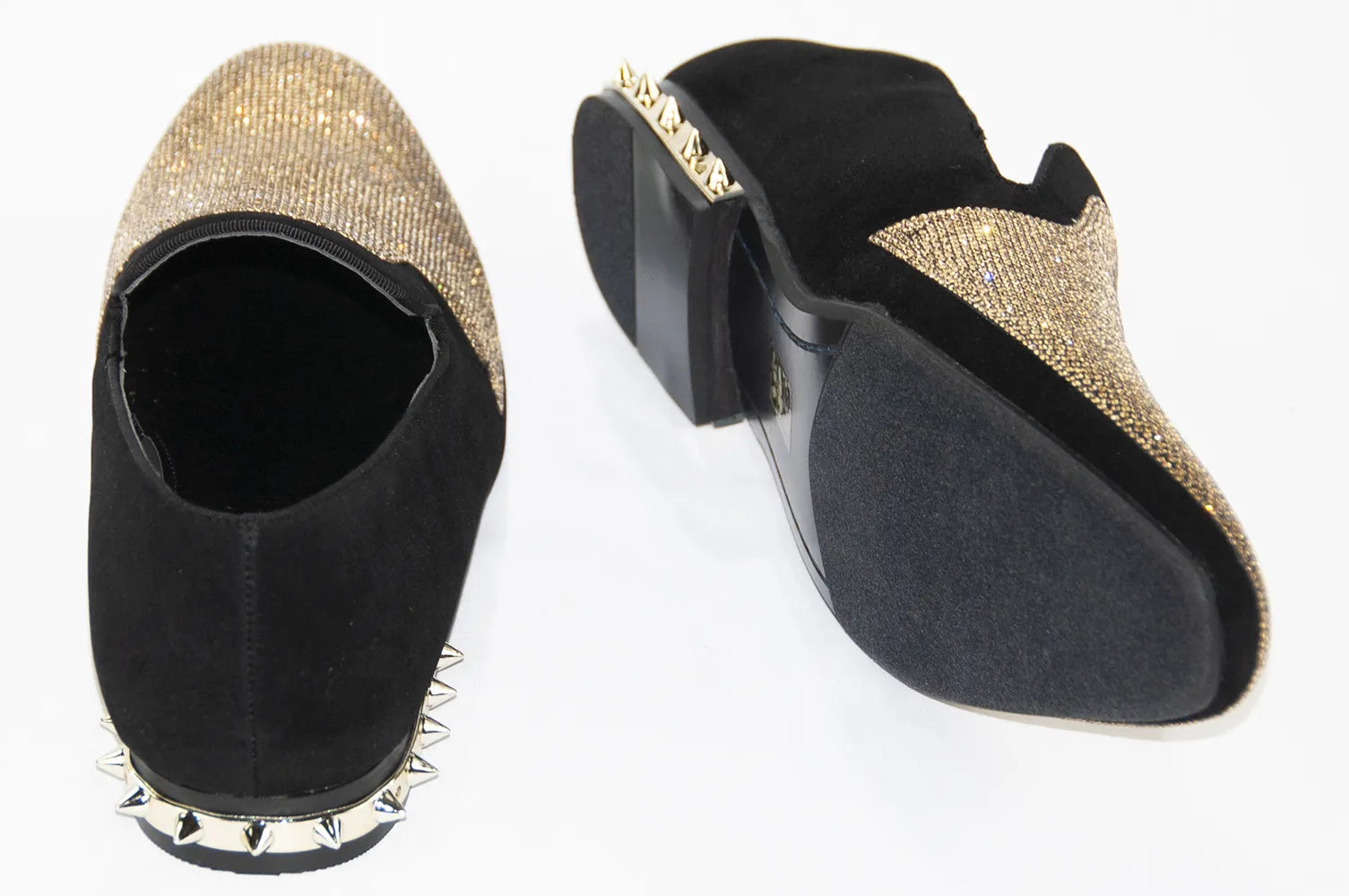 Black Velvet & Gold Rhinestone Spiked Heel Loafers