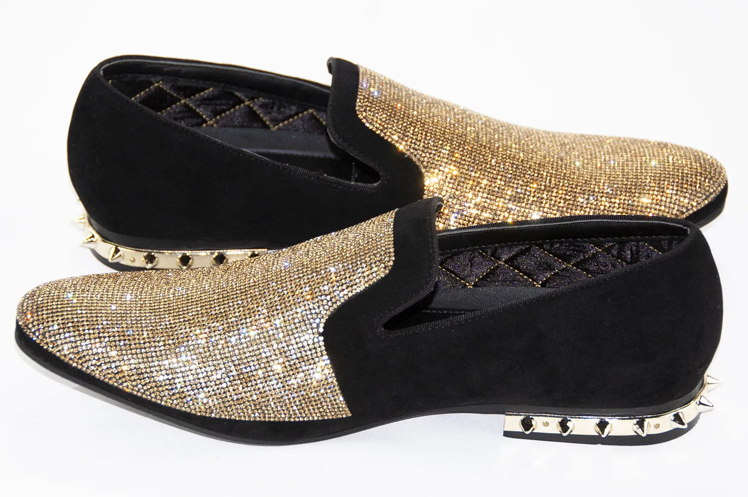 Black Velvet & Gold Rhinestone Spiked Heel Loafers