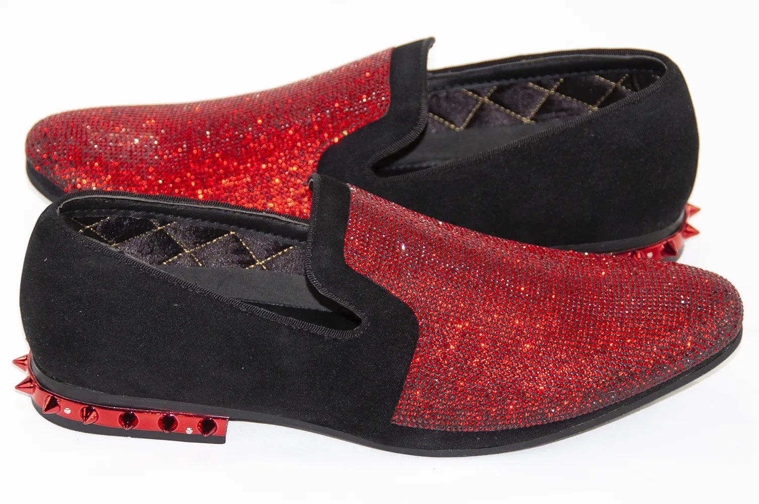 Black Velvet & Red Rhinestone Spiked Heel Loafers