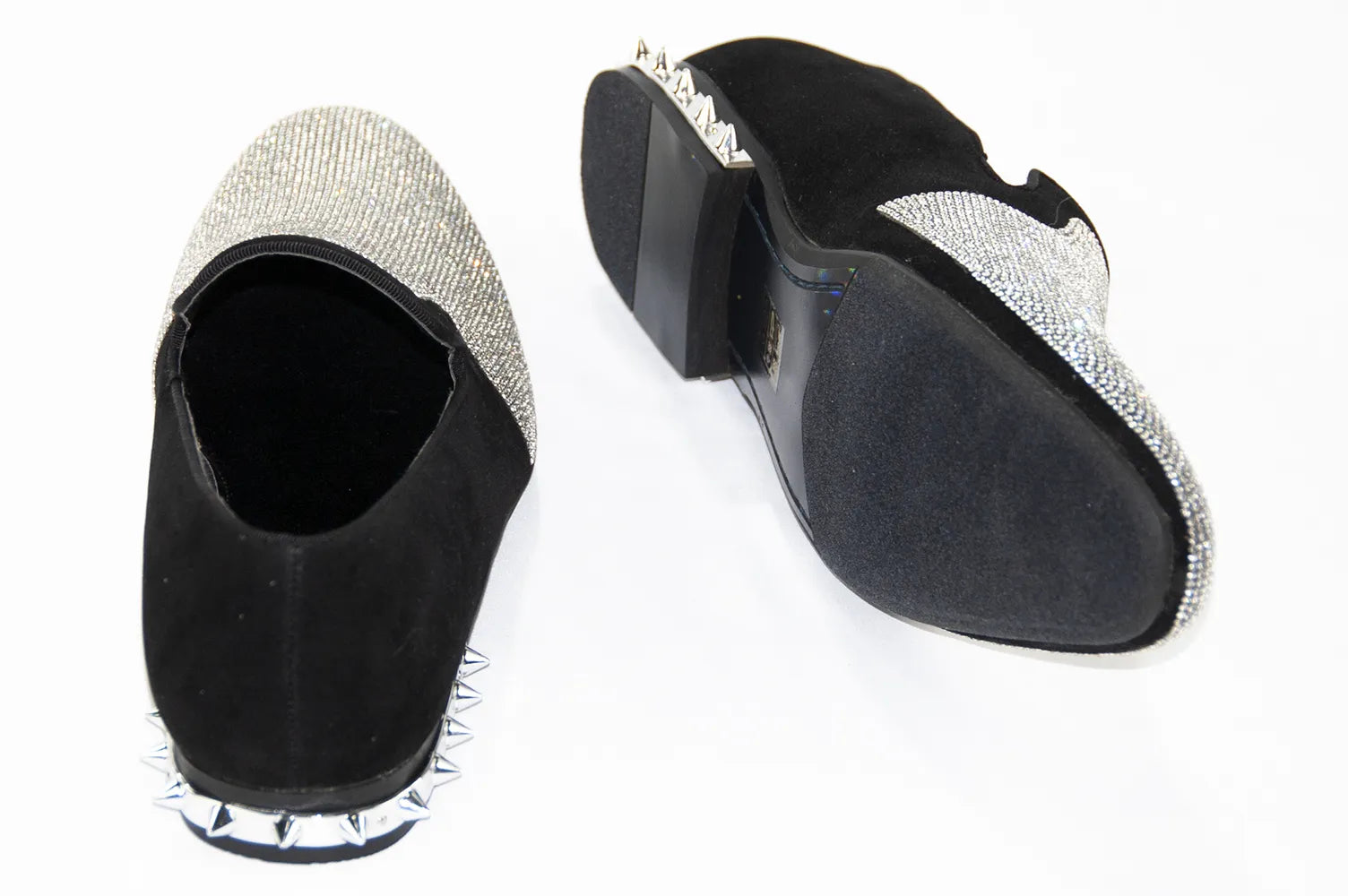 Black Velvet & Silver Rhinestone Spiked Heel Loafers