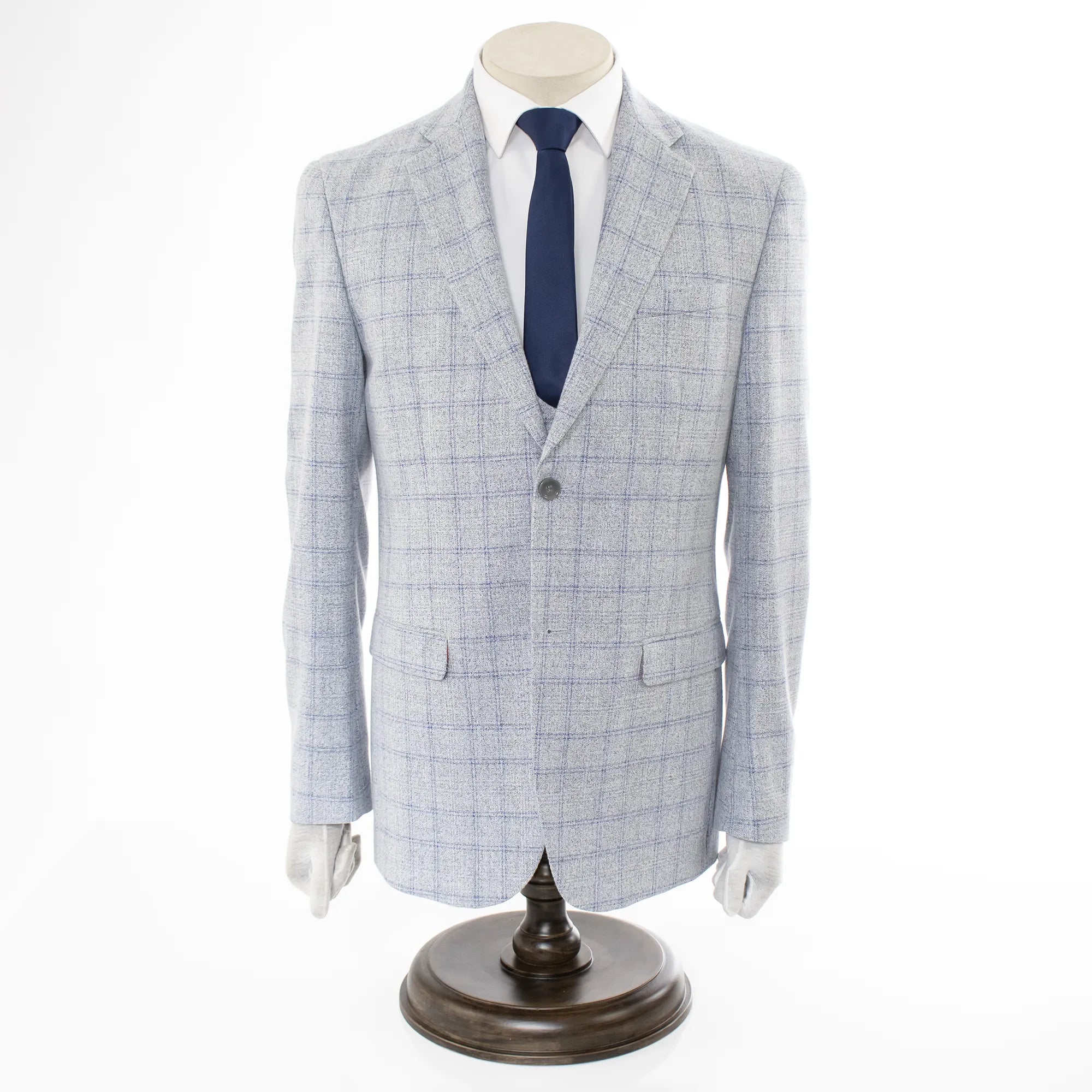 Silver Plaid 3-Piece Slim-Fit Suit With Notch Lapels