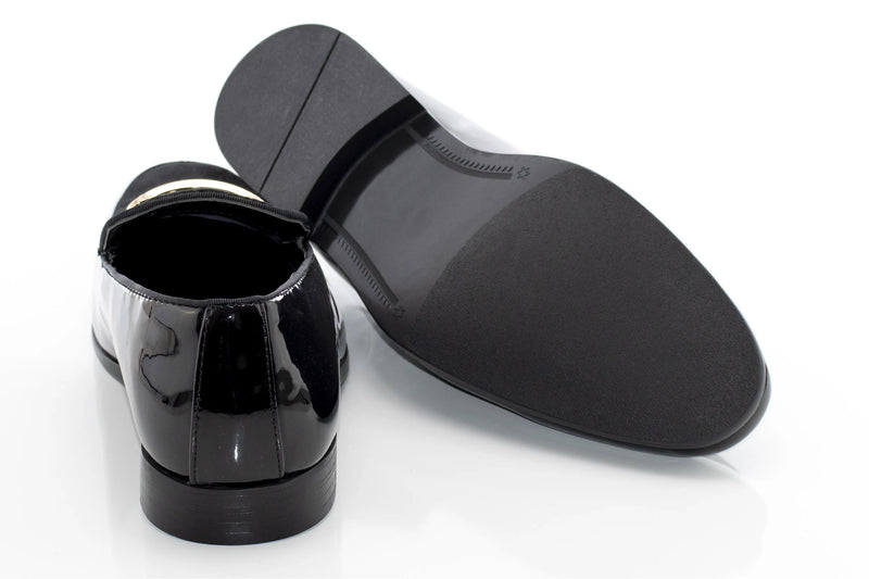 Black Velvet and Patent Leather Smoking Loafers with Gold Bit