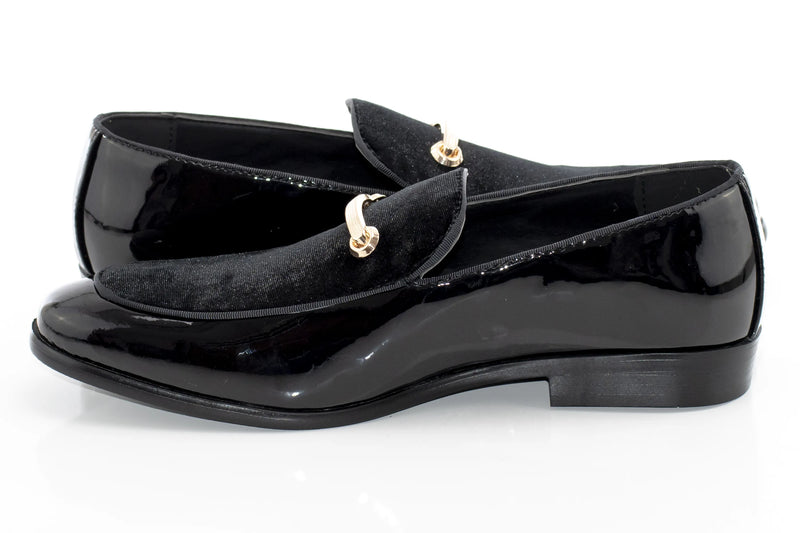 Black Velvet and Patent Leather Smoking Loafers with Gold Bit