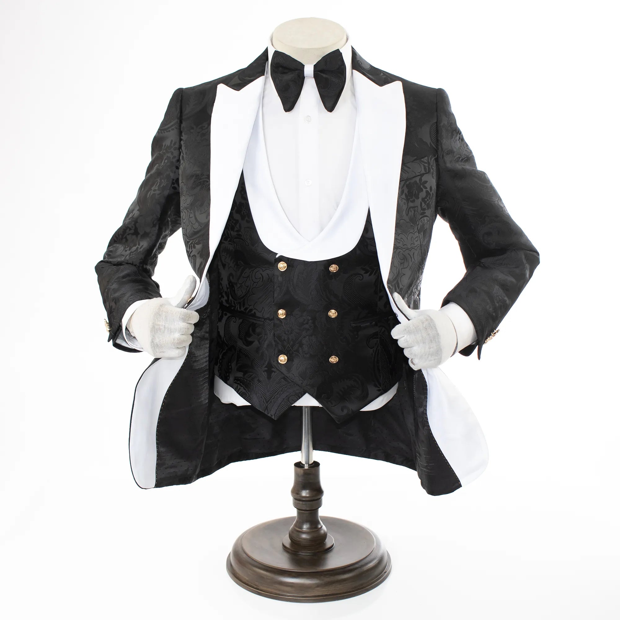 Black And White Baroque 3-Piece Slim-Fit Tuxedo With Satin Lapel