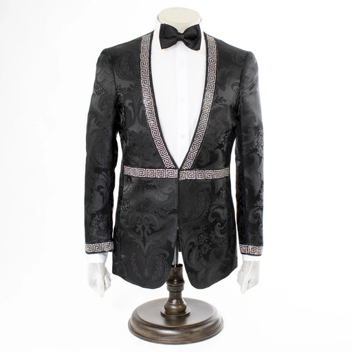 Black Damask No Lapel Slim-Fit Tuxedo - Hook Closure, Front