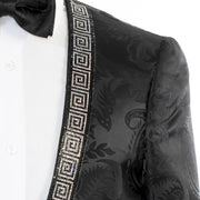 Black Damask No Lapel Slim-Fit Tuxedo - Greek Key Rhinestone