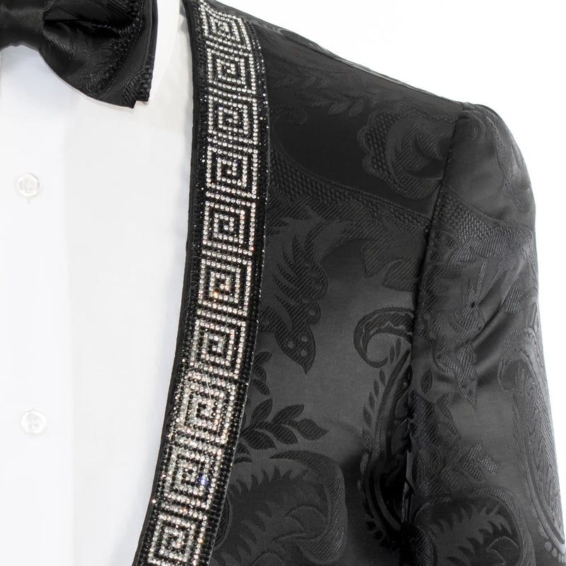 Black Damask No Lapel Slim-Fit Tuxedo - Greek Key Rhinestone