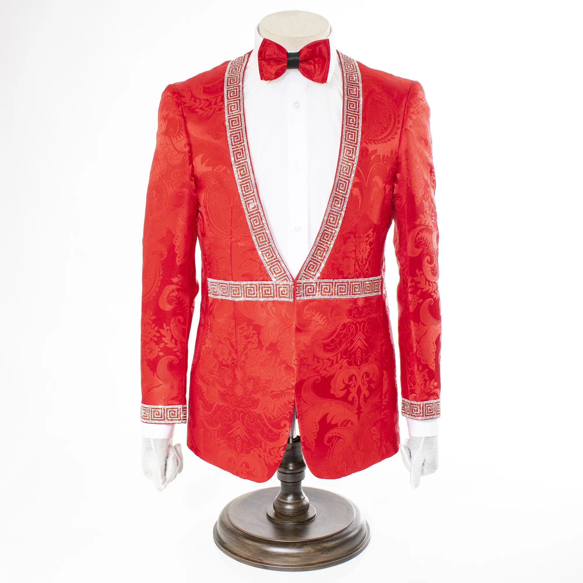 Red Damask No Lapel Slim-Fit Tuxedo - Hook Closure, Front