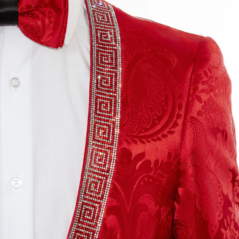 Red Damask No Lapel Slim-Fit Tuxedo - Greek Key Rhinestone