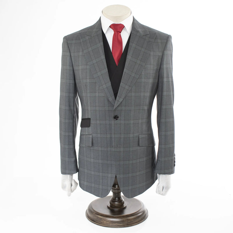 Men's Black And Gray Plaid 3-Piece Modern Fit Wool Suit