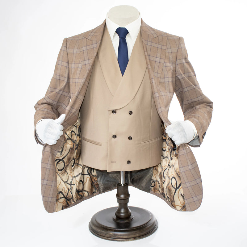 Men's Brown Plaid 3-Piece Modern Fit Wool Suit