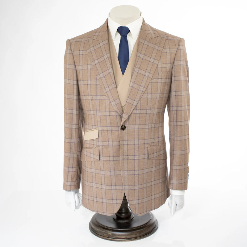 Men's Brown Plaid 3-Piece Modern Fit Wool Suit