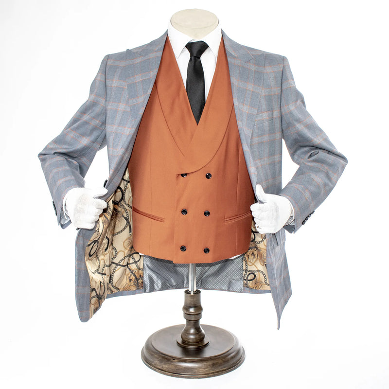Men's Gray And Orange Plaid 3-Piece Modern Fit Wool Suit