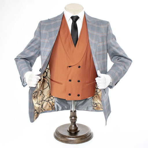 Men's Gray And Orange Plaid 3-Piece Modern Fit Wool Suit