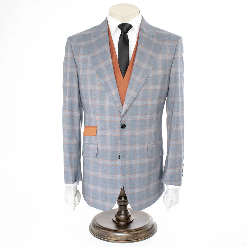 Men's Gray And Orange Plaid 3-Piece Modern Fit Wool Suit