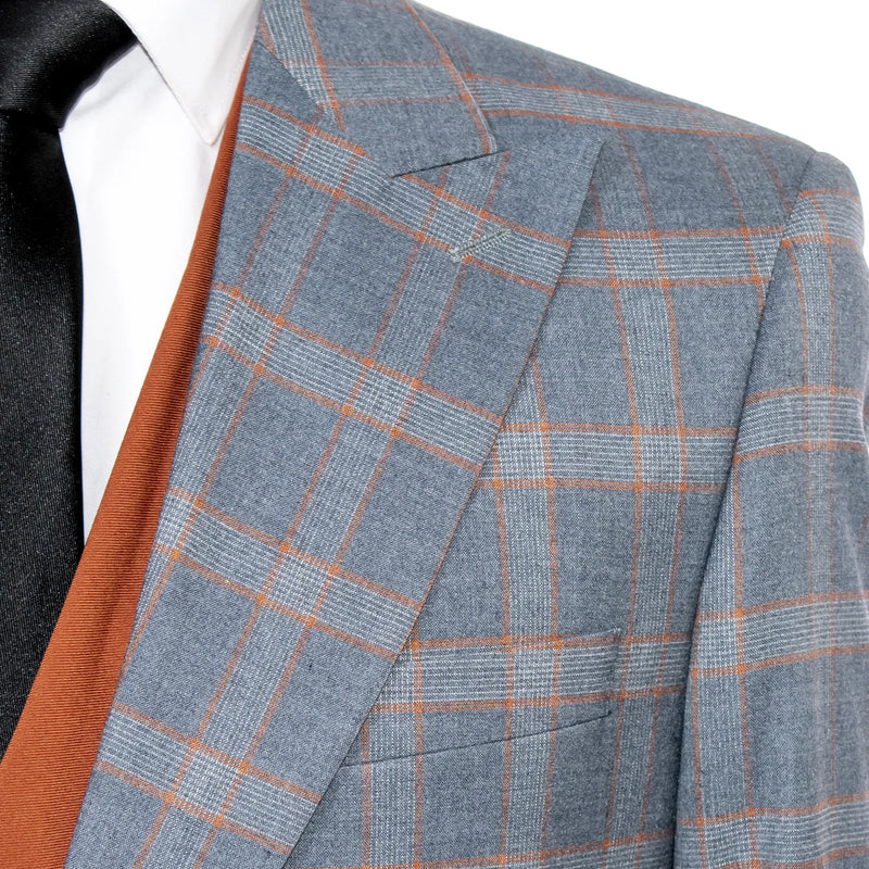 Men's Gray And Orange Plaid 3-Piece Modern Fit Wool Suit