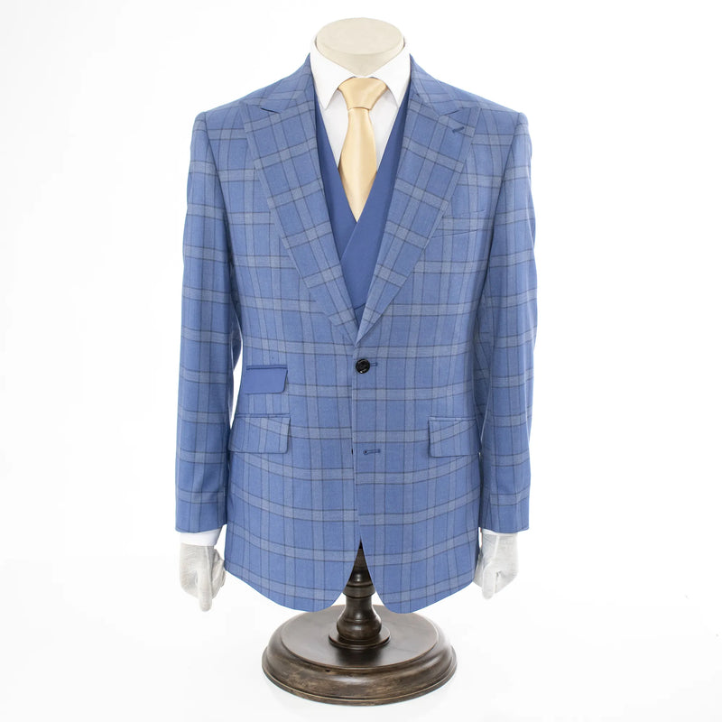 Men's Indigo Blue Plaid 3-Piece Modern Fit Wool Suit