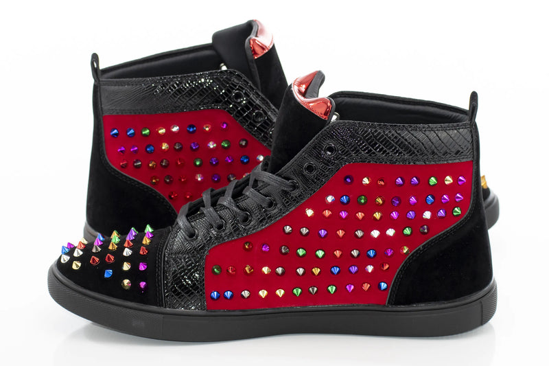 Black And Red Multicolor Spiked High-Tops