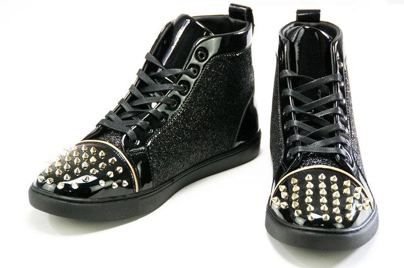 Men's Black And Gold Glitter Spiked High Top Sneakers