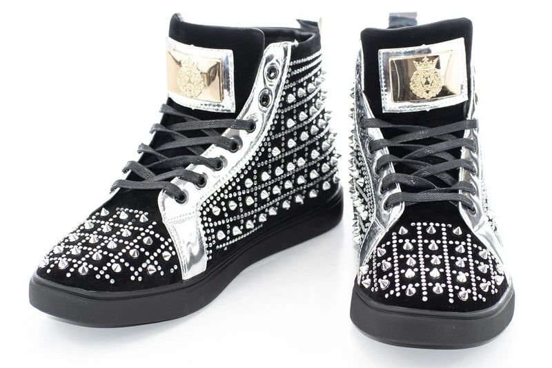 Men's Black Rhinestone Spiked High Top Sneakers