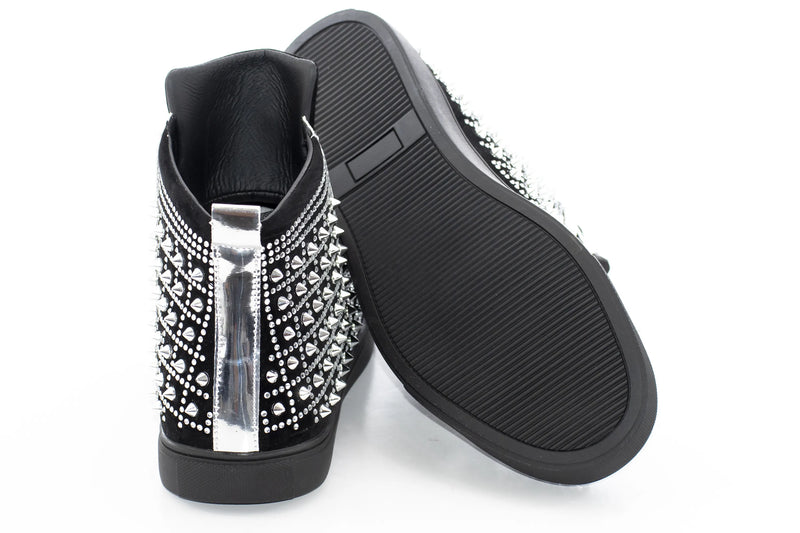 Men's Black Rhinestone Spiked High Top Sneakers