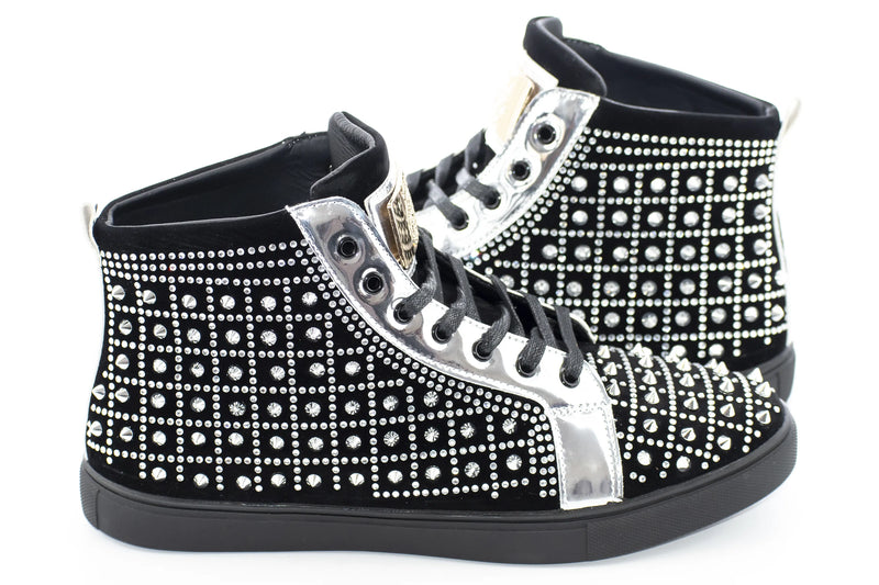 Men's Black Rhinestone Spiked High Top Sneakers