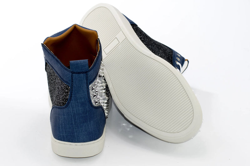 White and Denim Glitter Spiked High-Tops