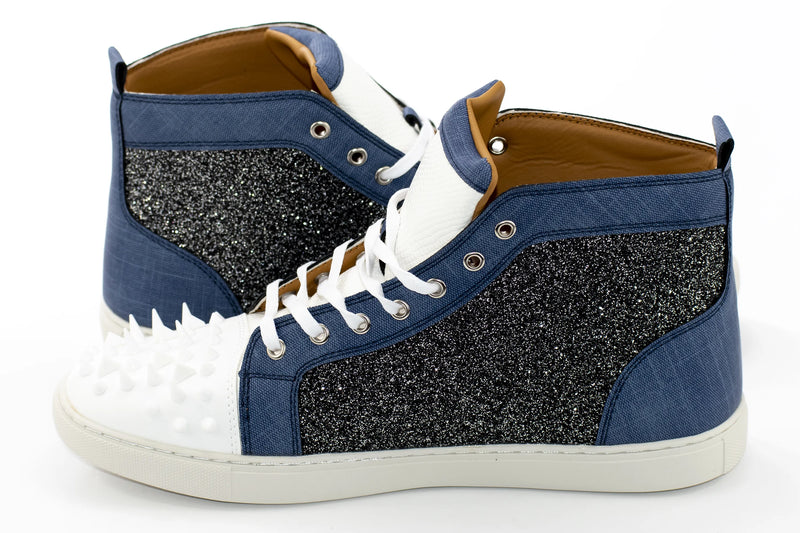 White and Denim Glitter Spiked High-Tops