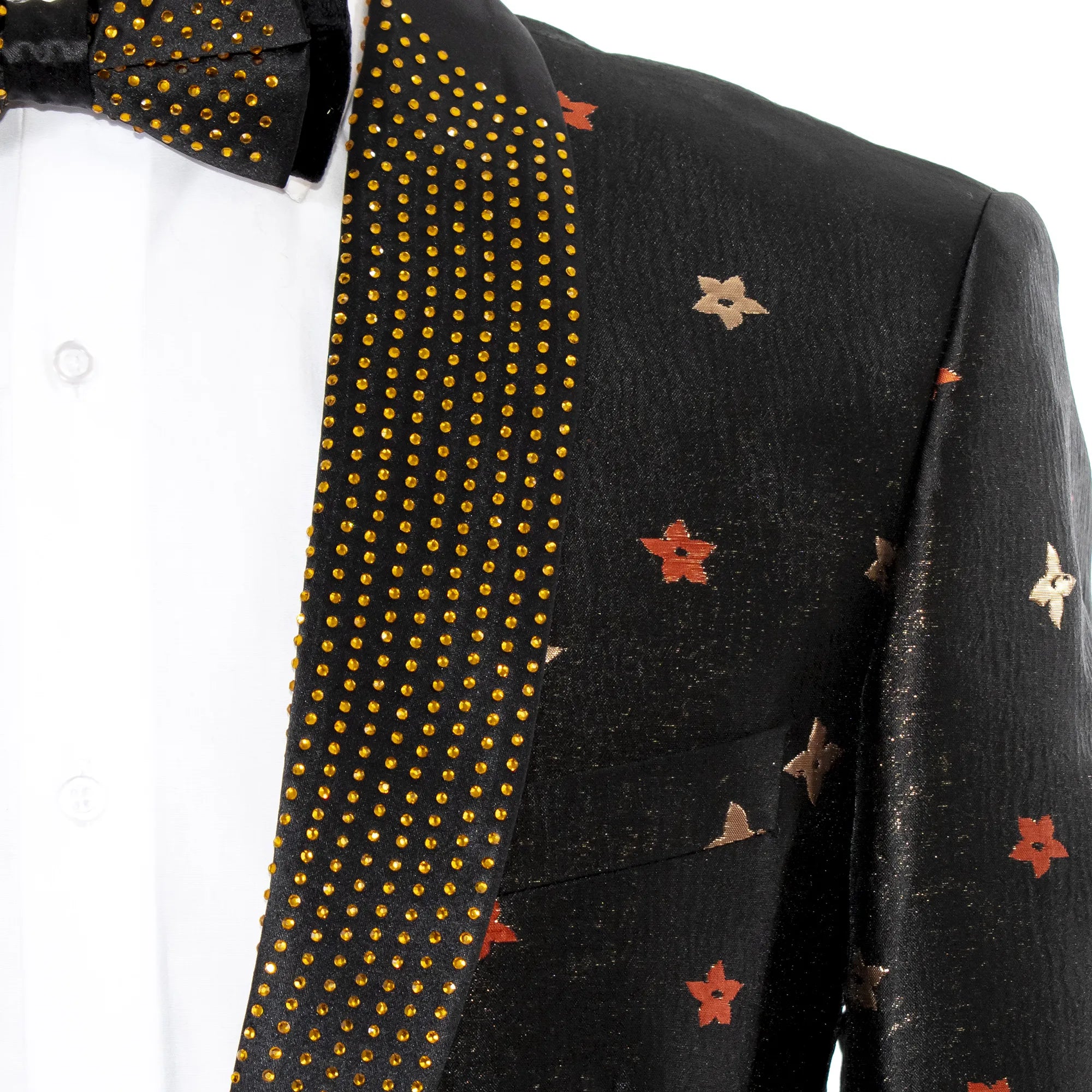 Black Floral Slim-Fit Jacket With Rhinestone Lapel