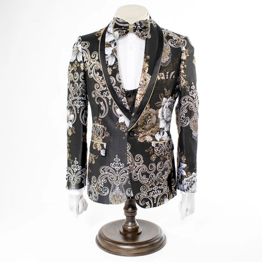 Black Luxurious Floral Baroque 3-Piece Slim-Fit Tuxedo
