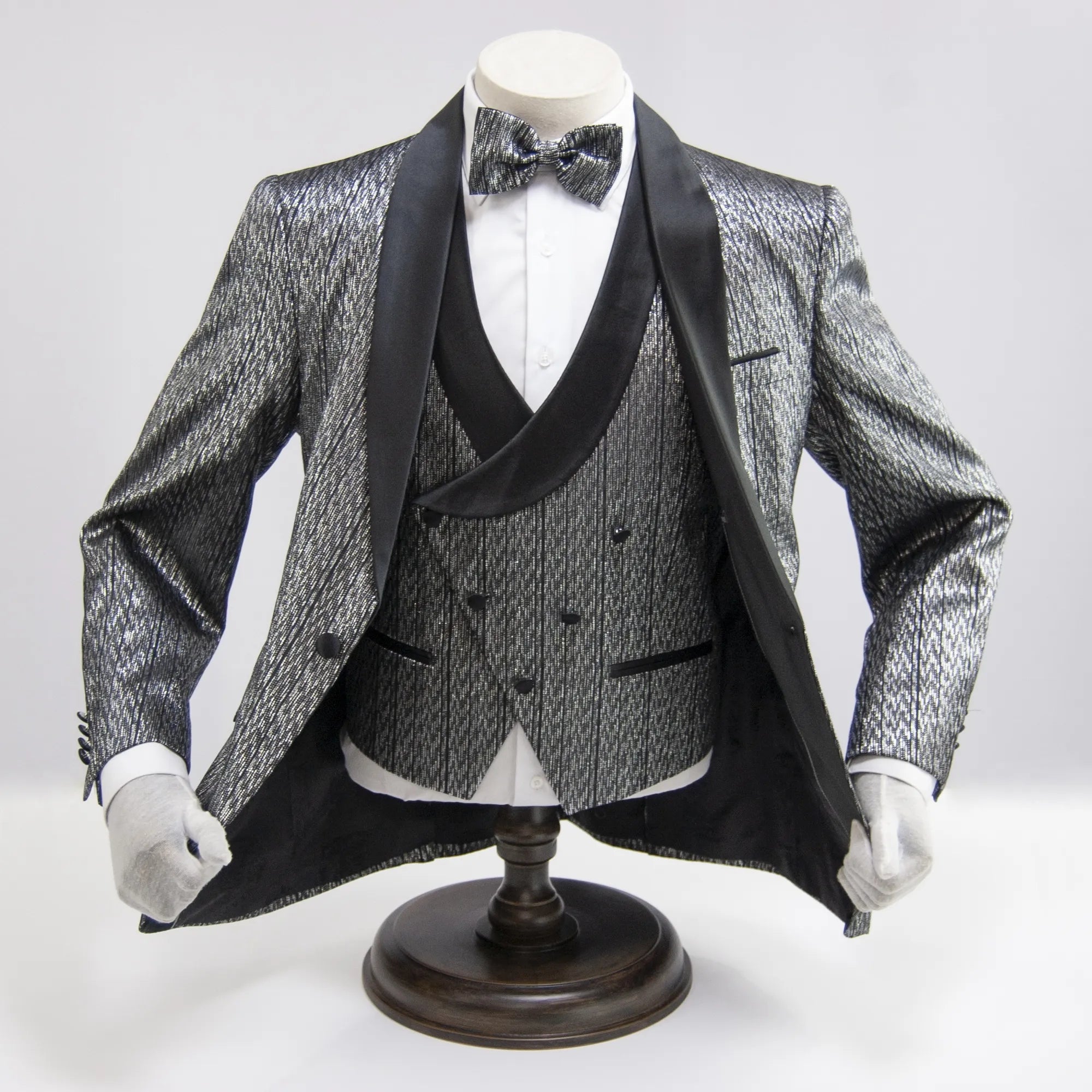 Silver Metallic Patterned 3-Piece Tailored-Fit Tuxedo