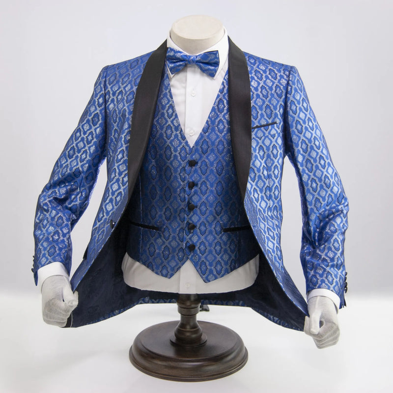 Blue Patterned 3-Piece Slim-Fit Tuxedo