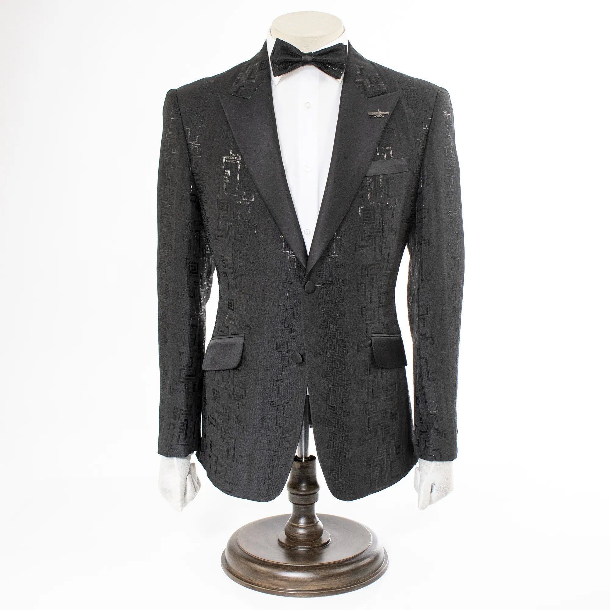 Black Fret-Pattern Jacket With Peak Lapels