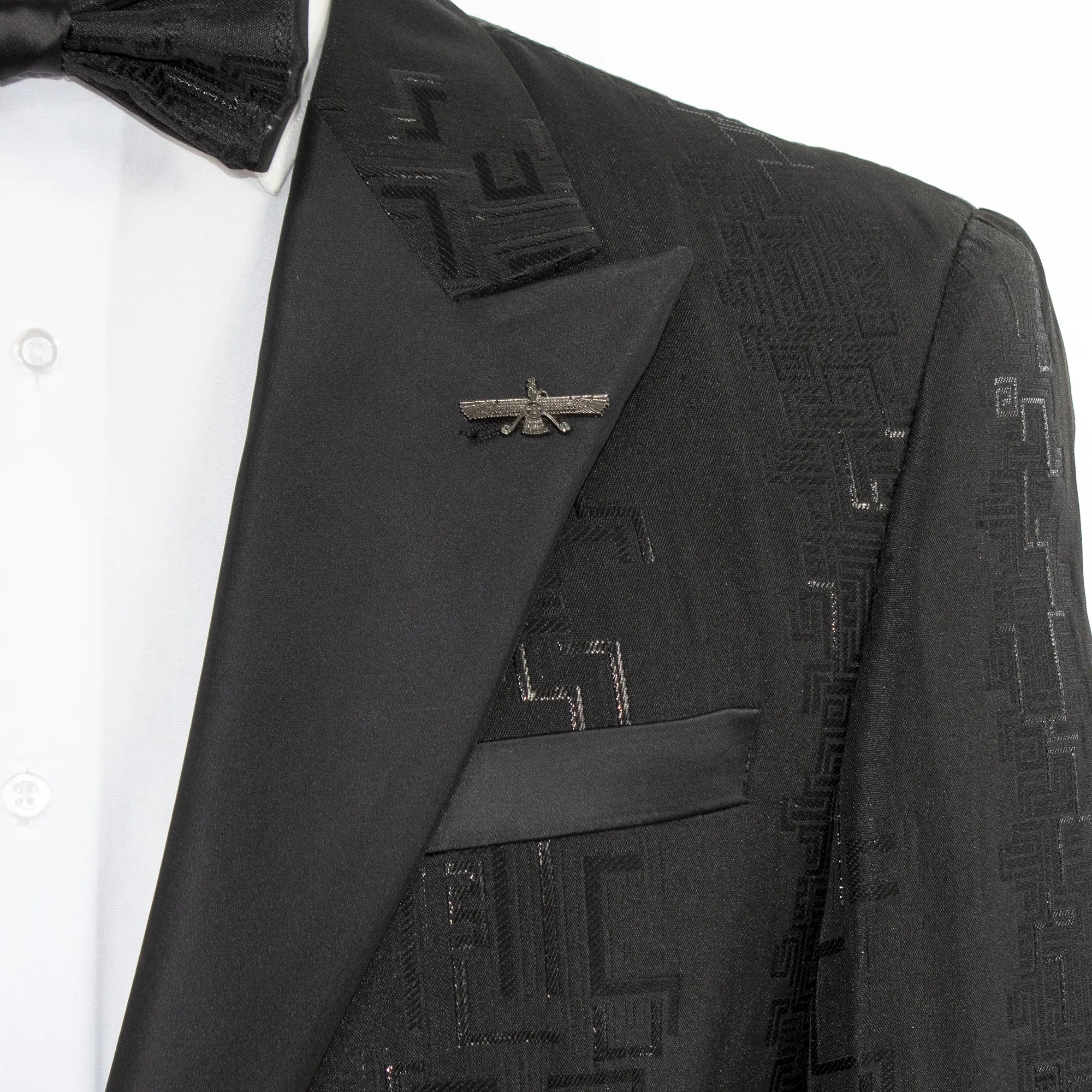 Black Fret-Pattern Jacket With Peak Lapels