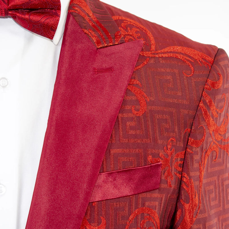 Scarlet Greek Key Slim-Fit Jacket With Peak Lapels